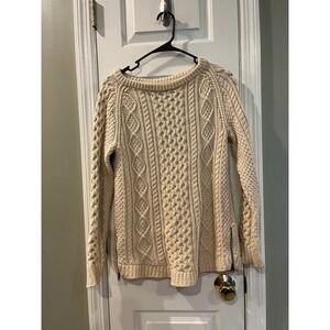 LL Bean Signature Womens Cable Knit Sweater Cream Beige Side Zip Cotton (read)